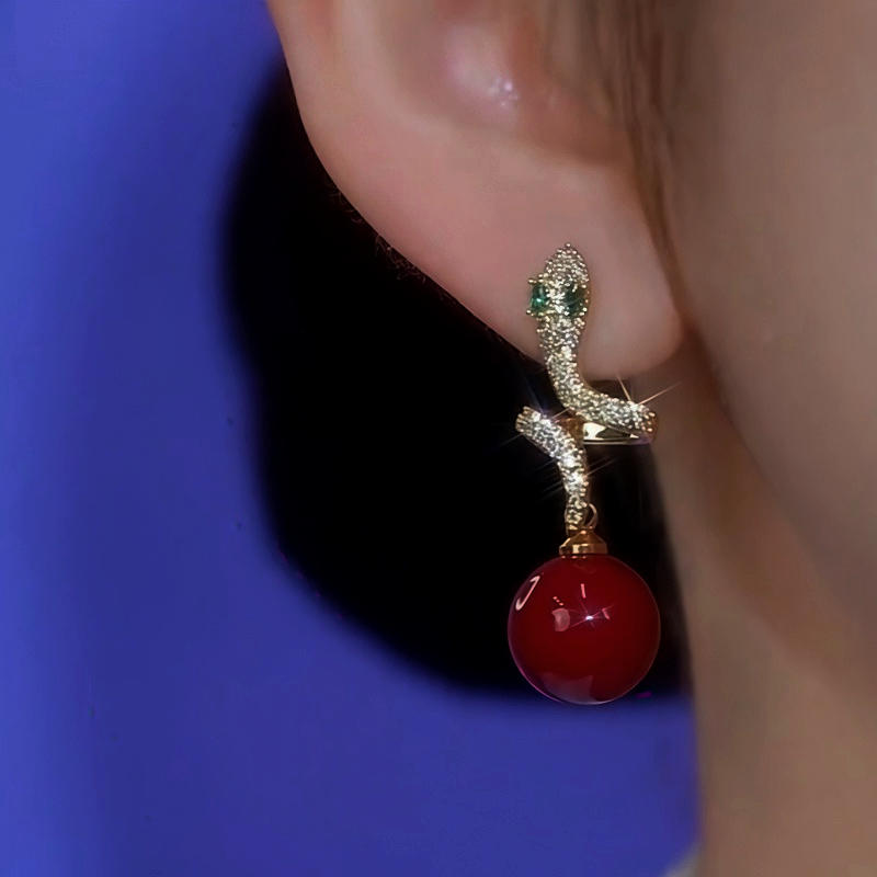 14K Gold-Plated Zircon Diamond Snake Pearl Earrings