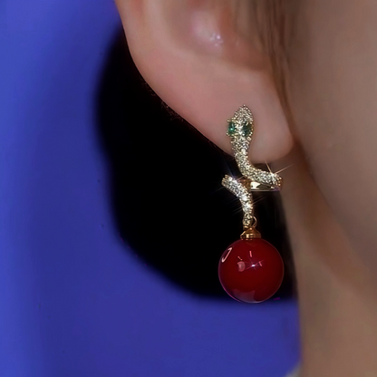 14K Gold-Plated Zircon Diamond Snake Pearl Earrings