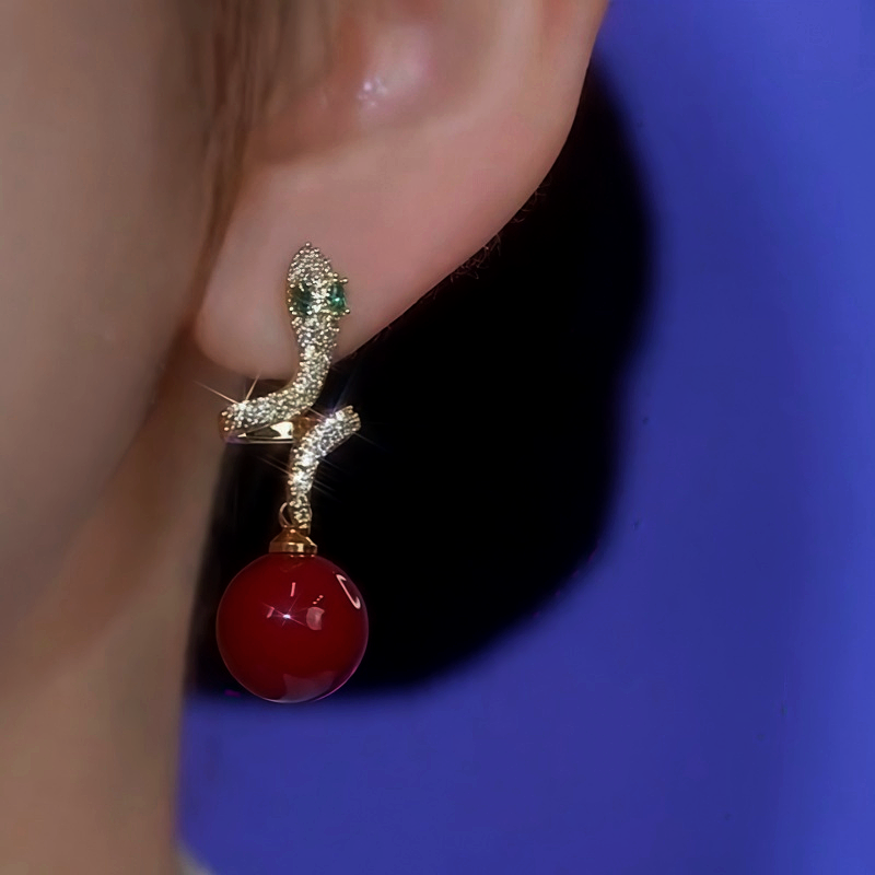 14K Gold-Plated Zircon Diamond Snake Pearl Earrings