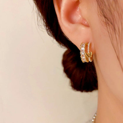 14K Gold-Plated Zircon Double-Layer Butterfly C-Shaped Earrings