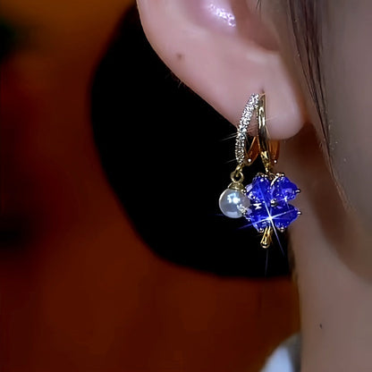 14K Gold-Plated Zircon Double-Layer Purple Four-Leaf Flower Pearl Earrings