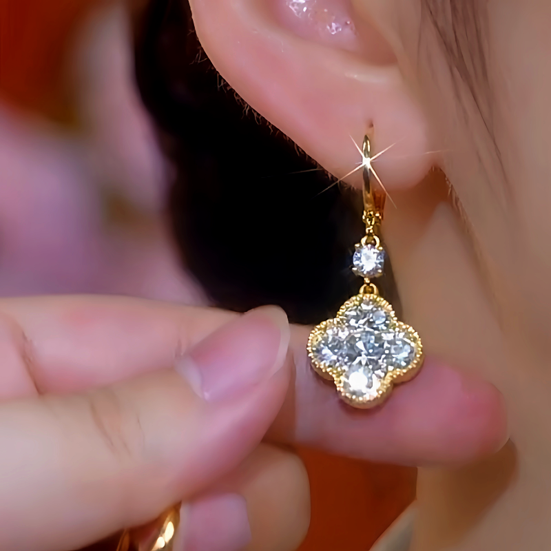 14K Gold-Plated Zircon Double-Sided Four-Leaf Clover Earrings