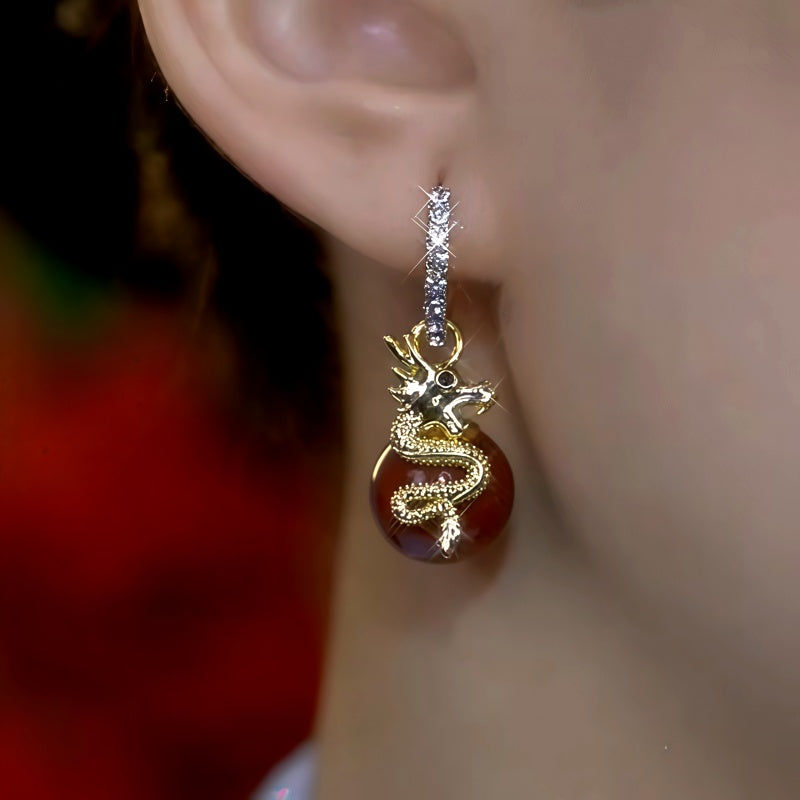14K Gold-Plated Zircon Dragon Pearl Earrings