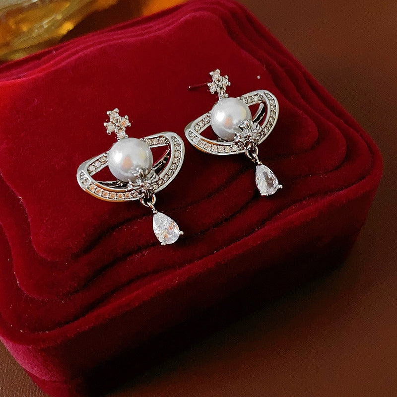 14K Gold-Plated Zircon Drop Pearl Earrings