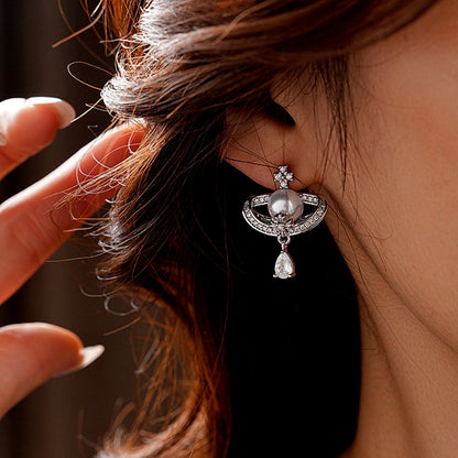 14K Gold-Plated Zircon Drop Pearl Earrings