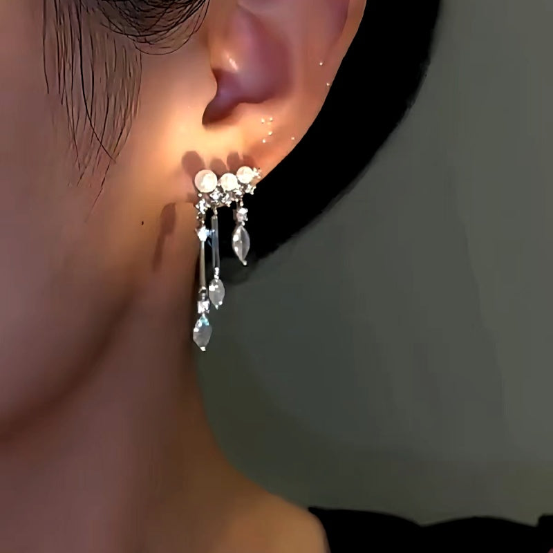 14K Gold-Plated Zircon Drop Pearl Tassel Earrings