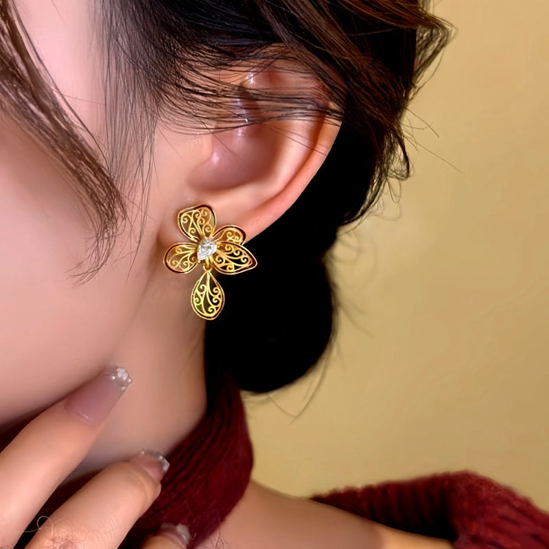 14K Gold-Plated Zircon Enamel Filigree Flower Earrings