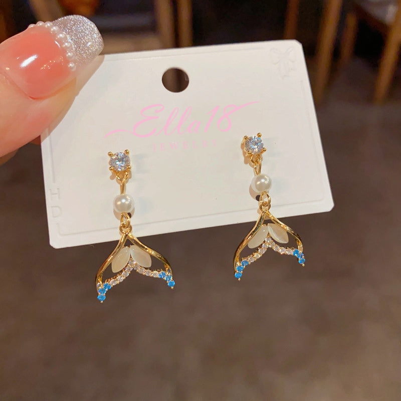 14K Gold-Plated Zircon Fishtail Pearl Earrings