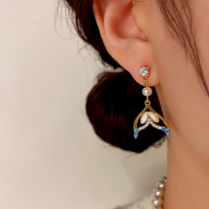 14K Gold-Plated Zircon Fishtail Pearl Earrings