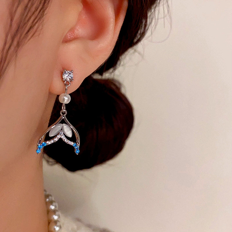 14K Gold-Plated Zircon Fishtail Pearl Earrings
