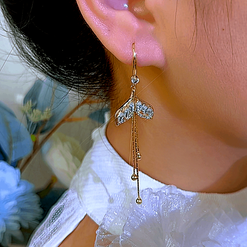 14K Gold-Plated Zircon Fishtail Tassel Ear Hook Earrings
