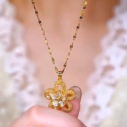 14K Gold-Plated Zircon Five-Petal Flower Pendant Necklaces