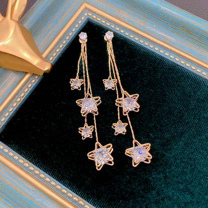 14K Gold-Plated Zircon Five-Pointed Star Tassel Earrings