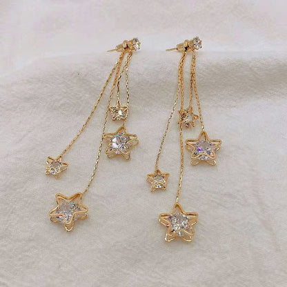 14K Gold-Plated Zircon Five-Pointed Star Tassel Earrings