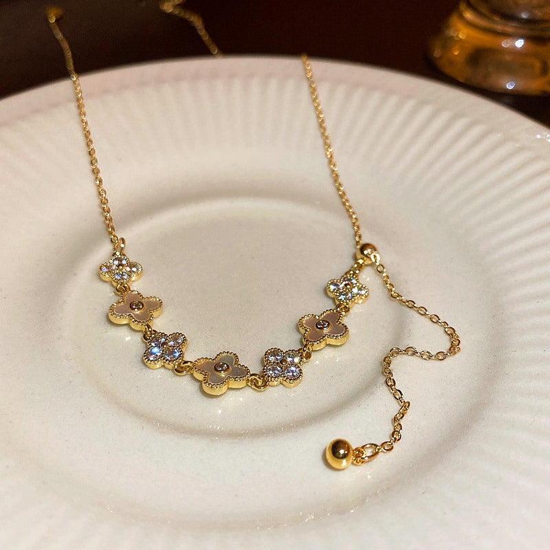 14K Gold-Plated Zircon Flour Leaf Adjustable Necklaces