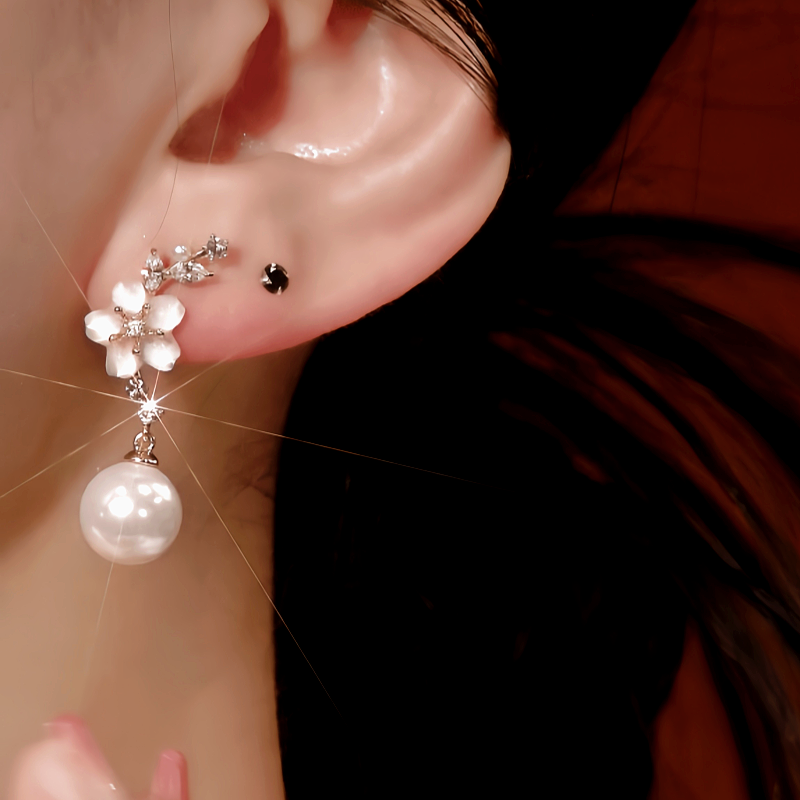 14K Gold-Plated Zircon Flower Pearl Earrings