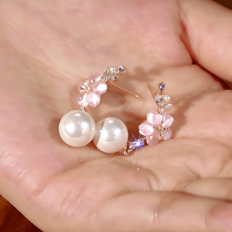 14K Gold-Plated Zircon Flower Pearl Earrings