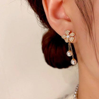 14K Gold-Plated Zircon Flower Pearl Tassel Earrings