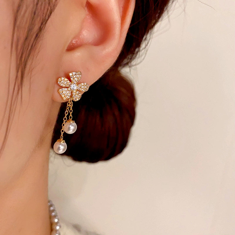14K Gold-Plated Zircon Flower Pearl Tassel Earrings