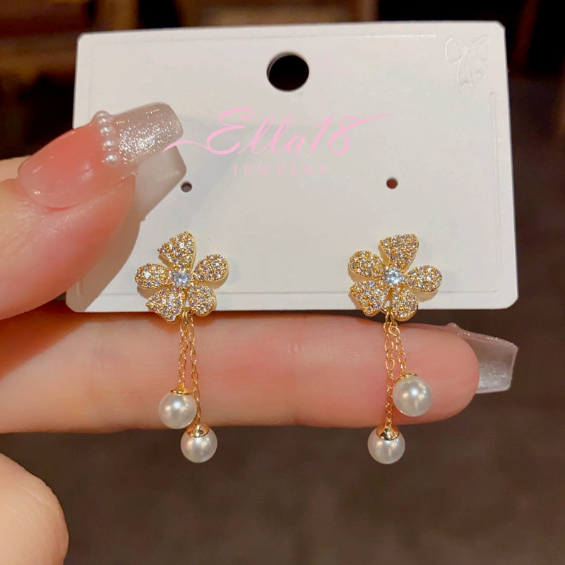 14K Gold-Plated Zircon Flower Pearl Tassel Earrings