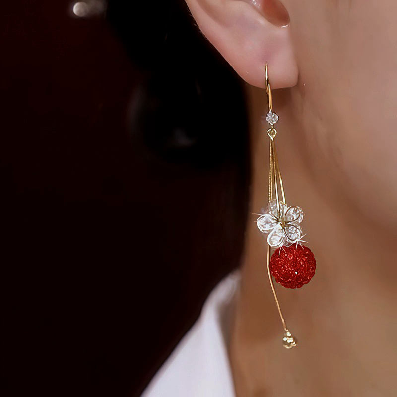 14K Gold-Plated Zircon Flower Red Crystal Ball Ear Hook Earrings