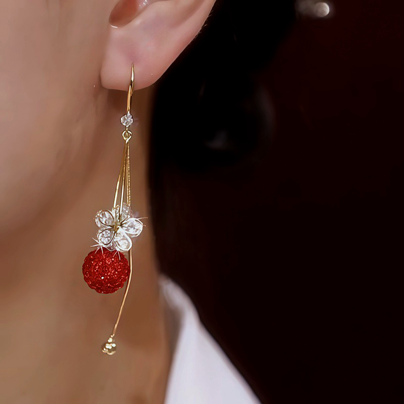 14K Gold-Plated Zircon Flower Red Crystal Ball Ear Hook Earrings