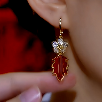 14K Gold-Plated Zircon Flower Red Leaf Earrings