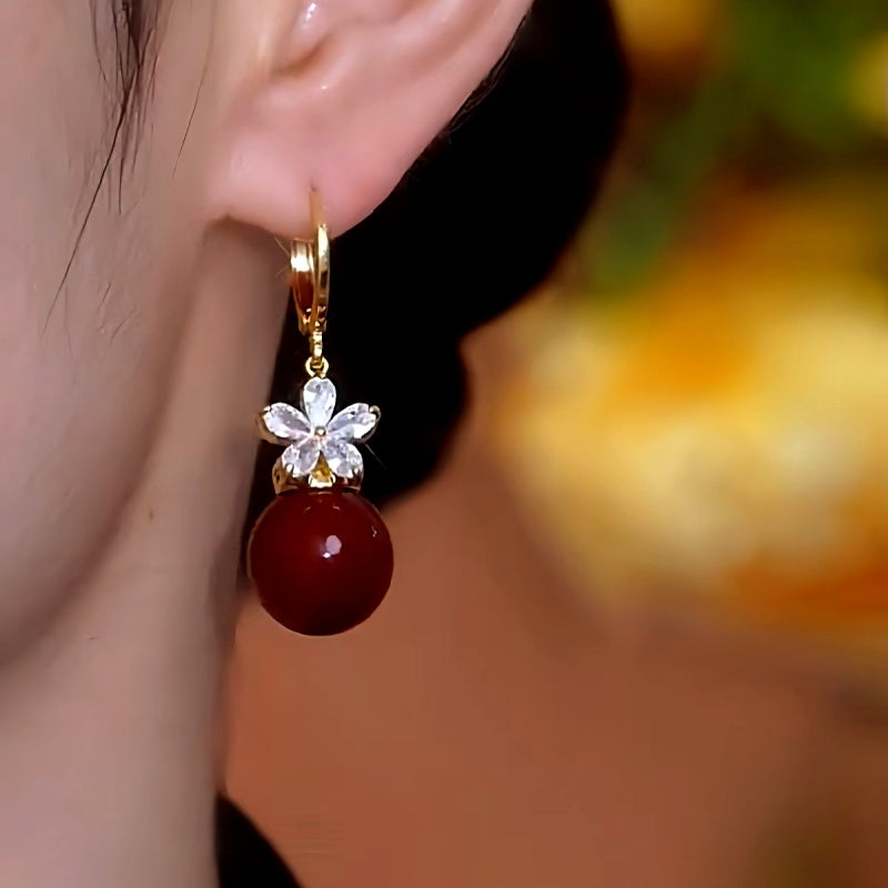 14K Gold-Plated Zircon Flower Red Pearl Earrings