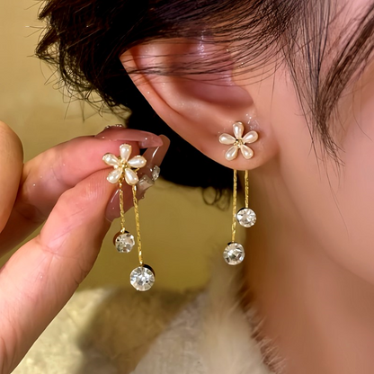 14K Gold-Plated Zircon Flower Tassel Earrings
