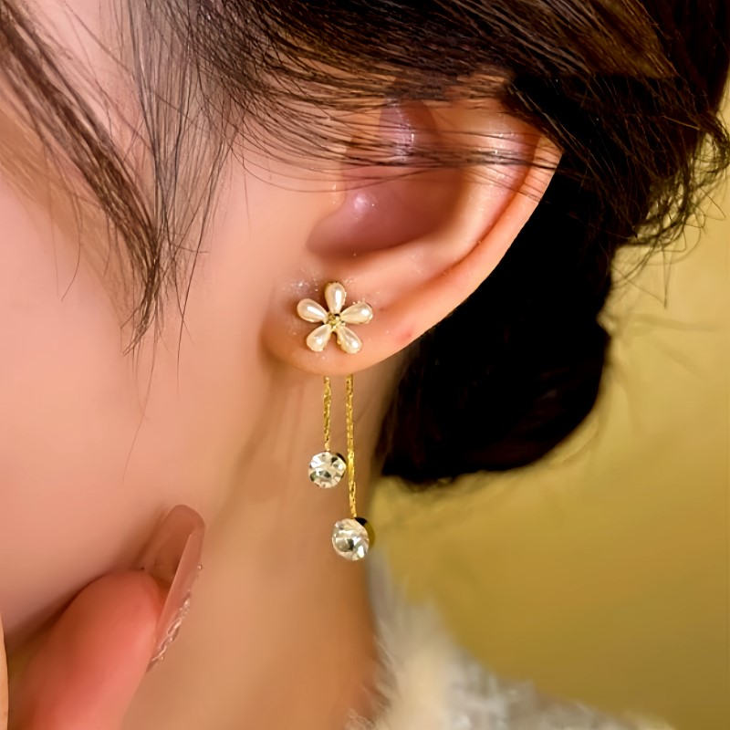 14K Gold-Plated Zircon Flower Tassel Earrings