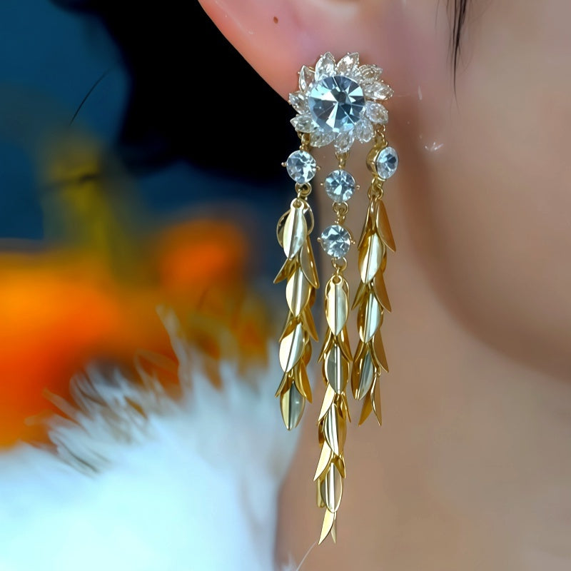 14K Gold-Plated Zircon Flower Wheat Tassel Earrings