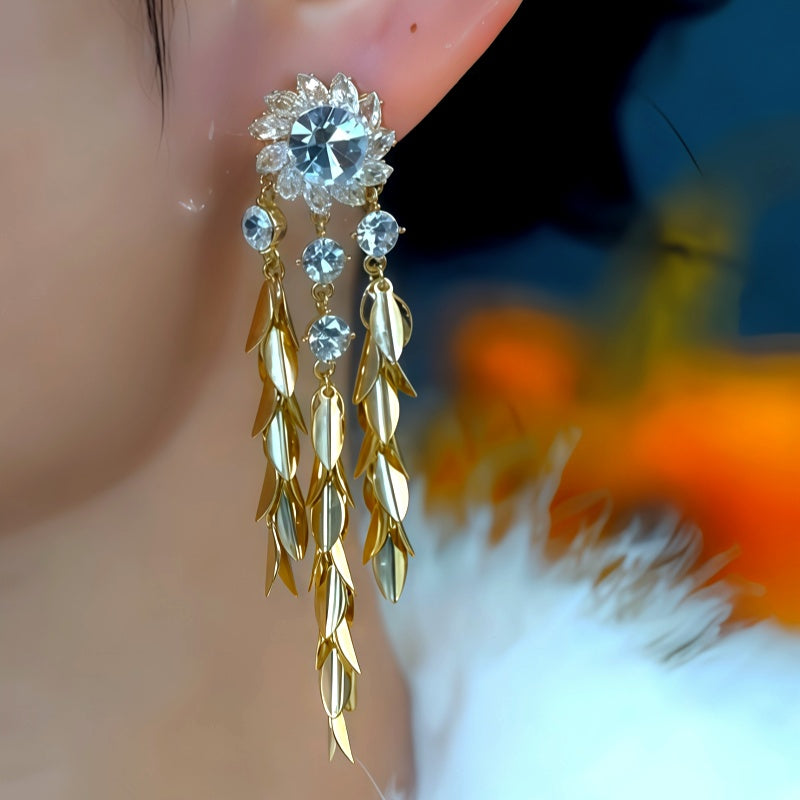 14K Gold-Plated Zircon Flower Wheat Tassel Earrings