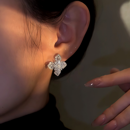 14K Gold-Plated Zircon Four-Leaf Flower Stud Earrings