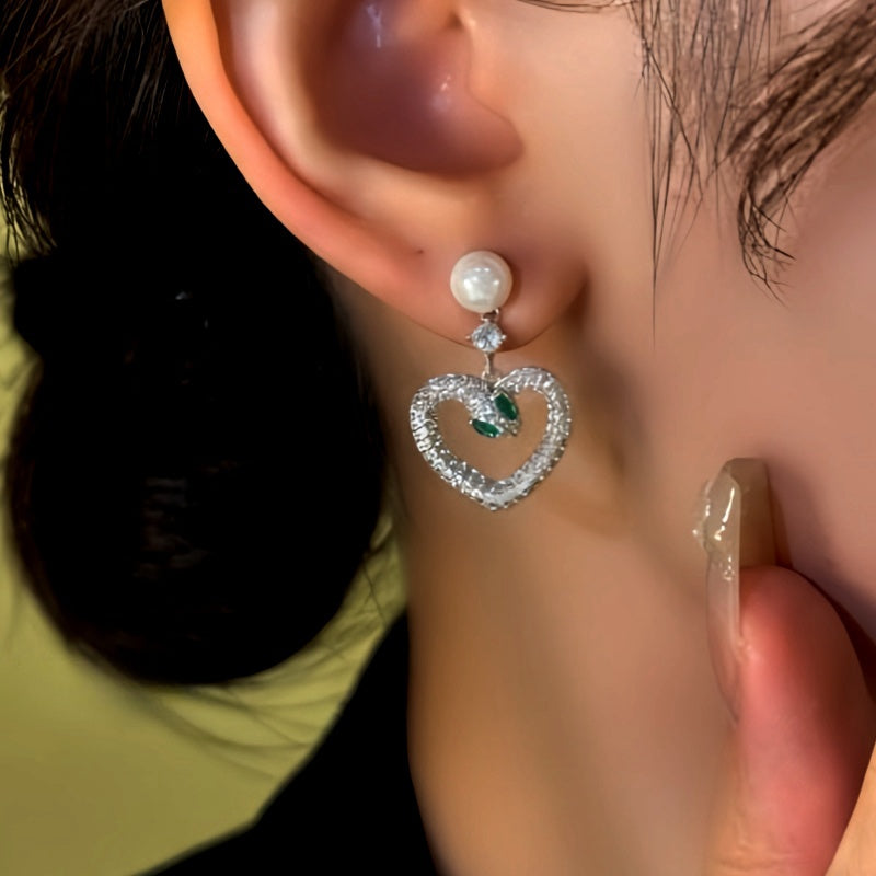 14K Gold-Plated Zircon Green-Eyed Snake Heart Bead Earrings