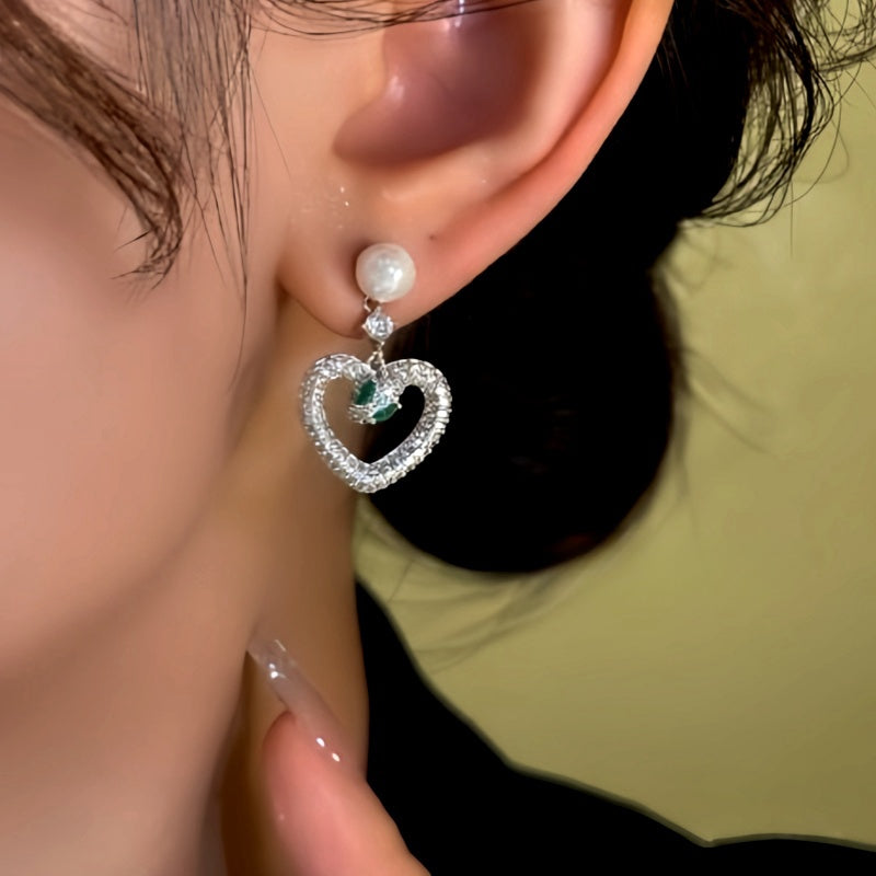 14K Gold-Plated Zircon Green-Eyed Snake Heart Bead Earrings