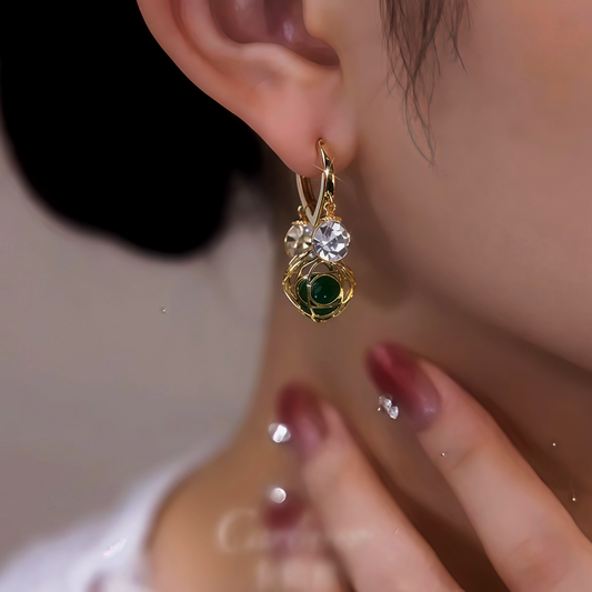 14K Gold-Plated Zircon Green Crystal Ball White Diamond Earrings