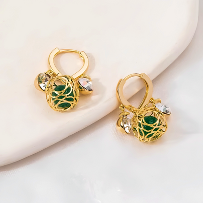 14K Gold-Plated Zircon Green Crystal Ball White Diamond Earrings