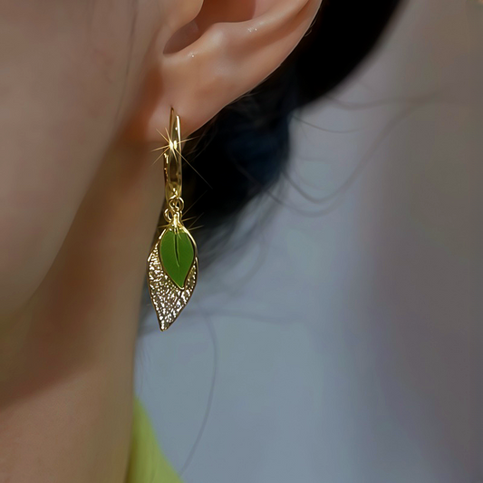 14K Gold-Plated Zircon Green Leaf Earrings