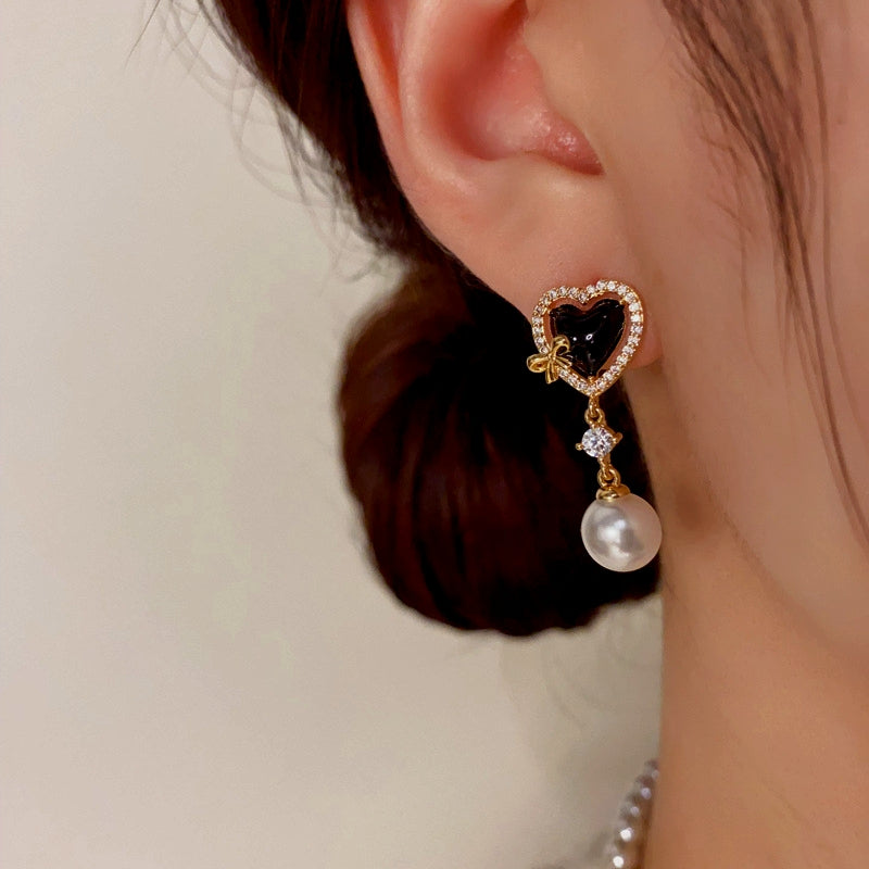 14K Gold-Plated Zircon Heart-Shaped Pearl Earrings