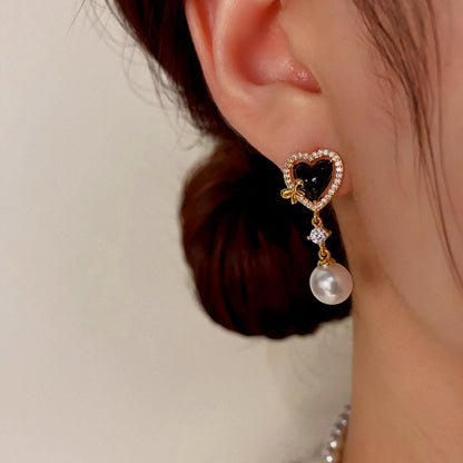 14K Gold-Plated Zircon Heart-Shaped Pearl Earrings