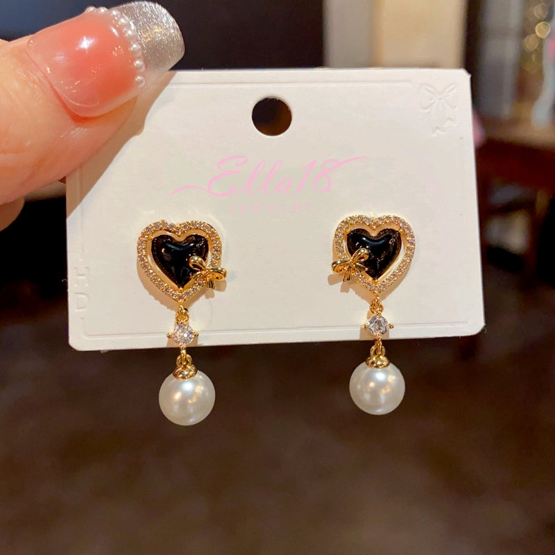 14K Gold-Plated Zircon Heart-Shaped Pearl Earrings