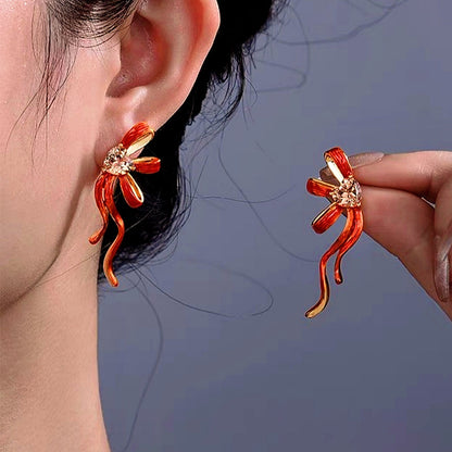 14K Gold-Plated Zircon Heart Bow Earrings