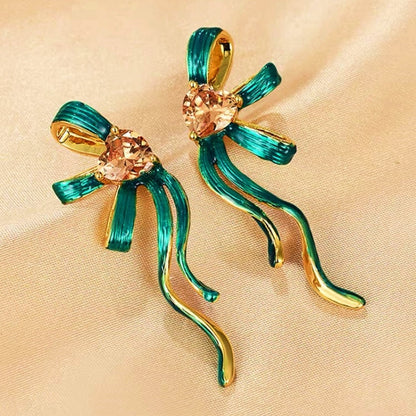 14K Gold-Plated Zircon Heart Bow Earrings