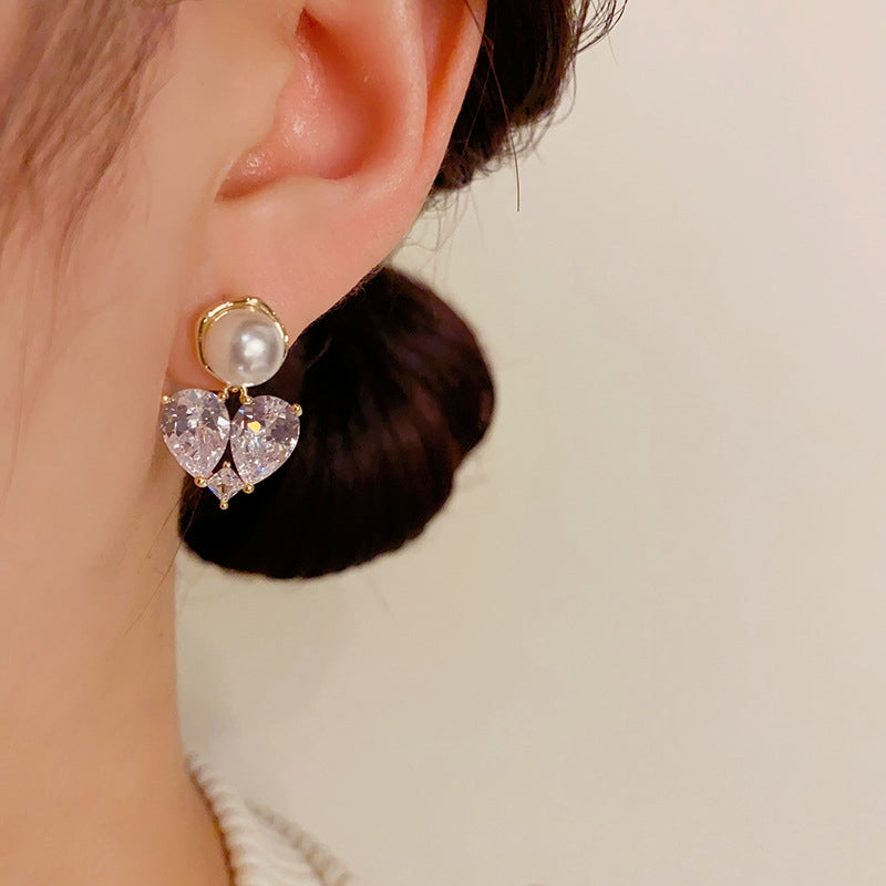 14K Gold-Plated Zircon Heart Pearl Earrings