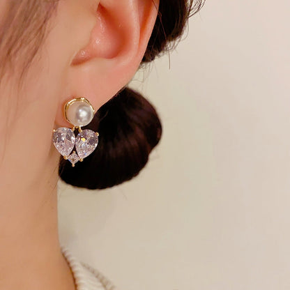 14K Gold-Plated Zircon Heart Pearl Earrings