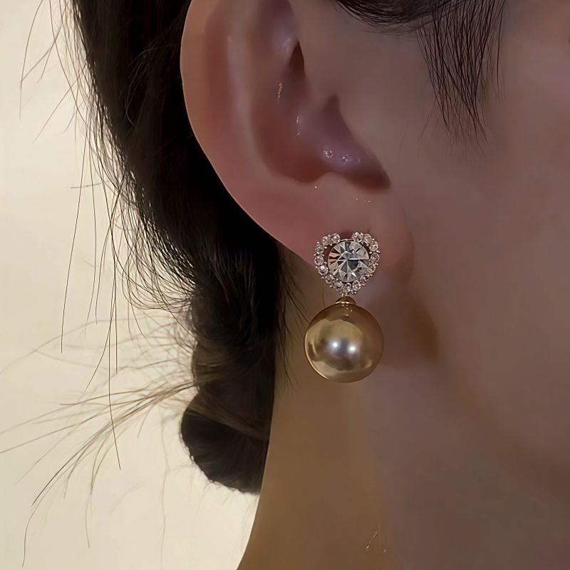 14K Gold-Plated Zircon Heart Pearl Earrings