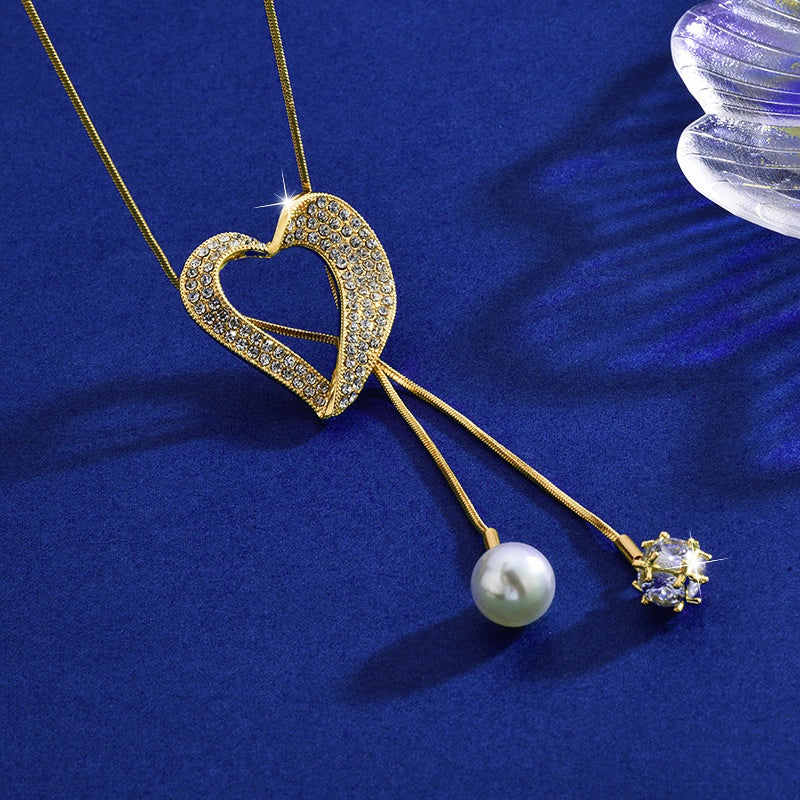 14K Gold-Plated Zircon Heart Pearl Necklace