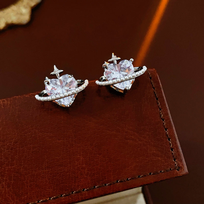 14K Gold-Plated Zircon Heart Star Pearl Earrings