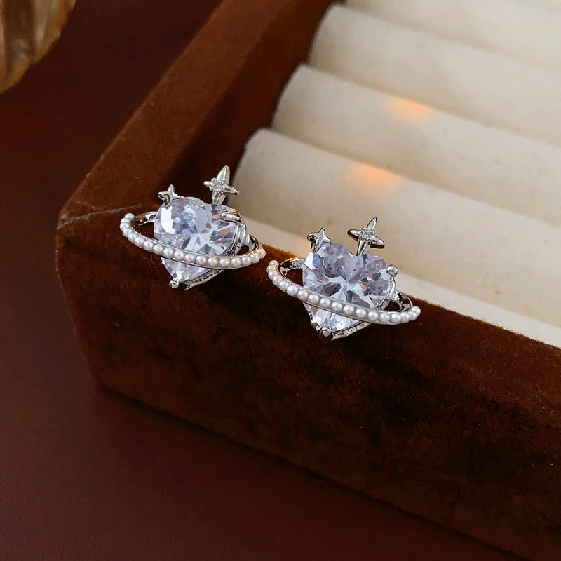 14K Gold-Plated Zircon Heart Star Pearl Earrings
