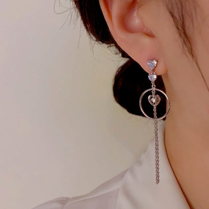 14K Gold-Plated Zircon Heart Tassel Earrings